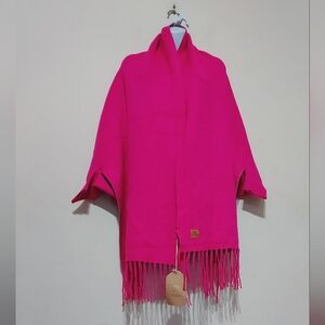 Original Pink and Gray Knitted Fringe Shawl Sweater With Sleeves